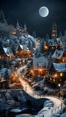 Winter night in the village. Christmas and New Year holidays concept.