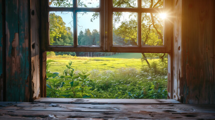 A wooden window frame overlooking a peaceful meadow