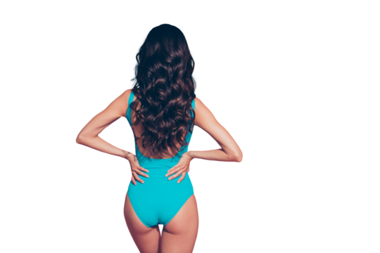 Rear back view portrait of nice slim fit thin lovely luxury attractive adorable charming wavy-haired lady shiny bright vivid look hands on waist isolated over pink pastel background - Powered by Adobe