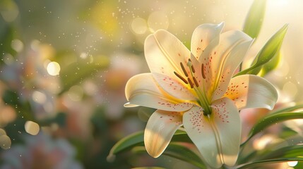 Bright capture of blooming lily in a dreamy light-filled setting.