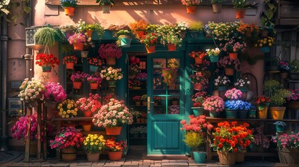 A vibrant flower shop adorned with hanging baskets, its facade bursting with color.