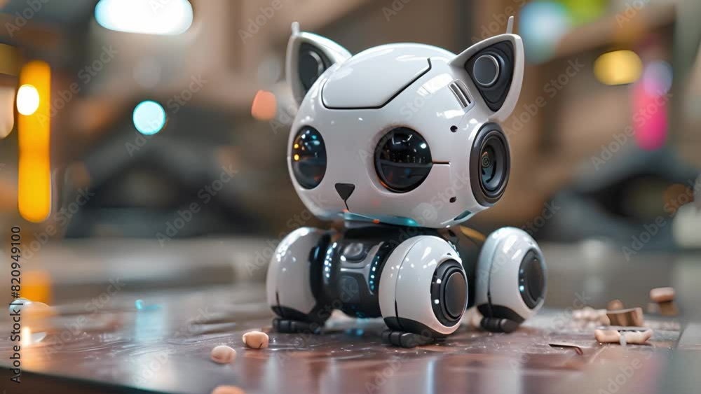 Poster this small robotic cat sitting on a wooden table. small robot cat sitting on wooden table