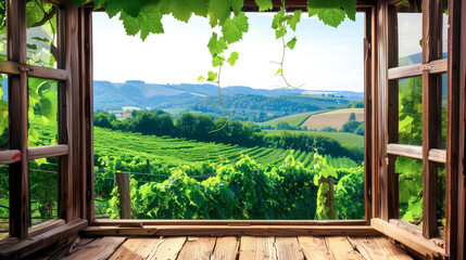 A wooden window frame with a view of a scenic vineyard