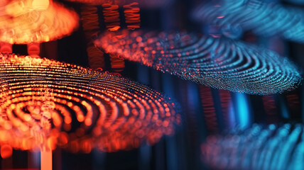 Abstract close-up of illuminated fingerprint patterns in red and blue with bokeh lights. Technology and cybersecurity concept for design and print.