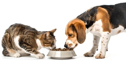 Fototapeta na wymiar Cat and dog sharing food from a bowl. Cute pets eating together. Perfect for pet care themes. Simple and clean composition. AI