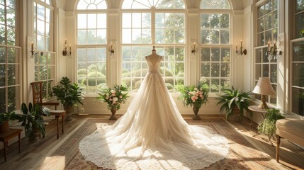Elegant wedding dress displayed in a grand room with large windows and natural light