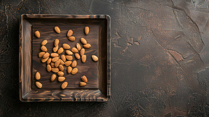 Wooden tray with plate of almond nuts on dark background