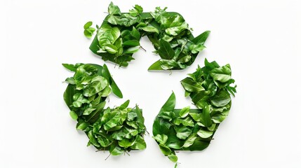 Recycling icon from leaves on white background. The problem of ecology, waste recycling, waste disposal, reusable use, recyclables use, consumer culture. Concept eco earth day.