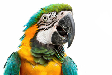 A parrot with a playful expression, beak open, isolated on a white background