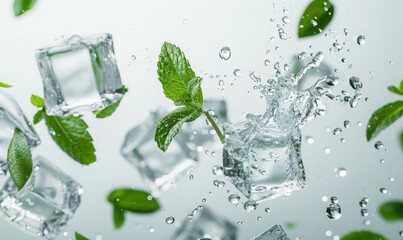 ice cubes and mint leaves float in the air on white background with water splash.