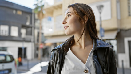 A thoughtful young woman strolls through an urban city street, exuding casual elegance and...