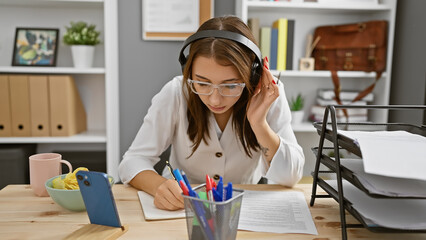 Focused brunette woman with headphones working at a modern office desk indoors