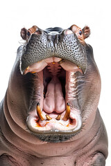 A hippo with its mouth open wide, appearing to laugh, isolated on a white background