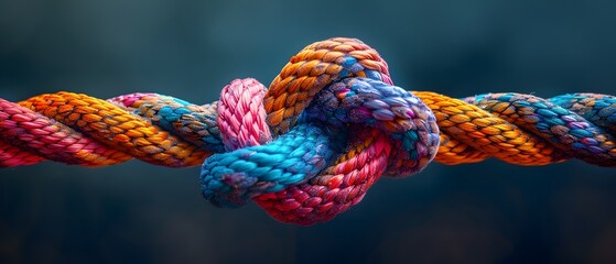 intricate knot tied between two colorful ropes. The ropes are woven in a braided pattern and come in a spectrum of colors including orange, blue, pink, and purple
