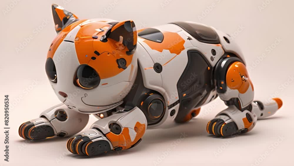Fototapete this robot cat sits on a white surface. robot cat sitting on white surface