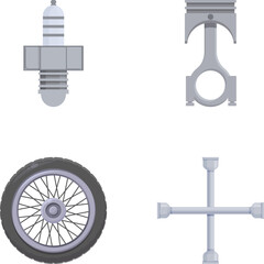 Motorcycle equipment icons set cartoon vector. Motorcycle gear and accessory. Moto workshop