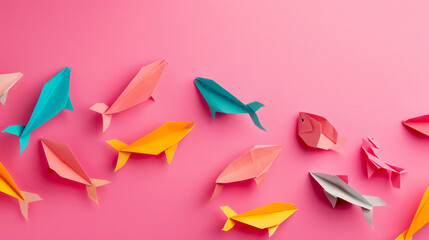 Word FOOL with paper fish on pink background