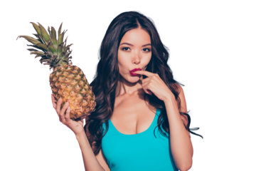 Portrait of nice cute flirty cunning foxy girlish adorable attractive charming gorgeous wavy-haired lady red lips licking finger holding ananas in hands isolated over pink background