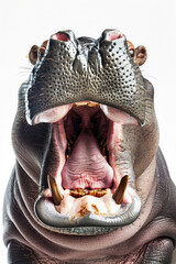A hippo with its mouth open wide, appearing to laugh, isolated on a white background