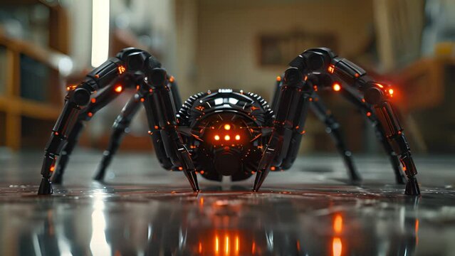 This robot spider is sitting on the floor in a room. Robot Spider Resting on Floor