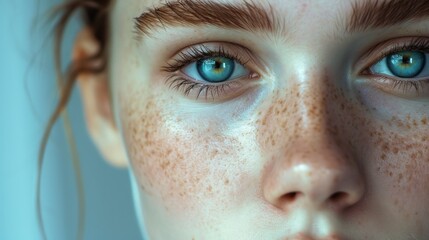 Cheerful freckled young woman. Close up of upper face. Cropped shot of teenage girl with dry spotted facial skin. Skincare, natural beauty, eye care, vision concept