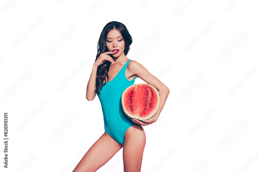 Sticker Portrait of nice dreamy curious girlish flirty sweet lovely attractive glamorous luxury adorable wavy-haired lady red holding in hands half melon biting nail isolated over pink background