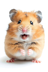 A hamster with a big smile, looking happy, isolated on a white background
