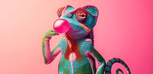 Colorful Chameleon Blowing Bubblegum - Quirky and Fun Design for Posters, Cards, and Prints