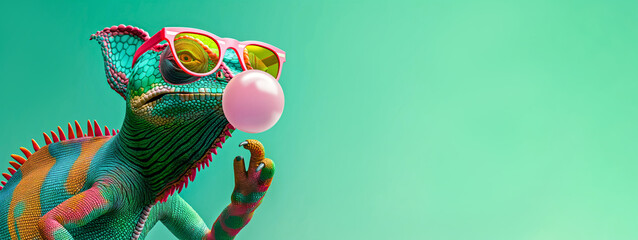 Colorful Chameleon Wearing Sunglasses Blowing Bubblegum. Fun, Vibrant Image for Design