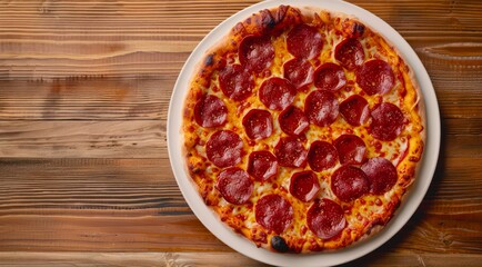 Plate of pizza Pepperoni on a wooden table, top view.