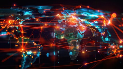Obraz premium World map with interconnected lines illustrating global trade, seamless logistics network, vibrant and hightech visuals