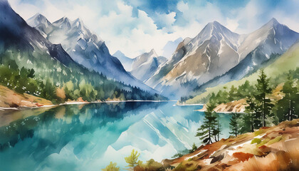 Watercolor painting of mountain landscape with blue lake. Beautiful natural scenery. Hand drawn art