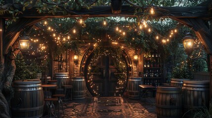 A rustic wine bar with a cozy outdoor seating area, adorned with fairy lights and wine barrels.