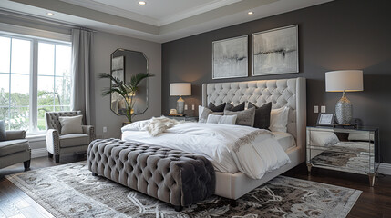 Dramatic bedroom, dark gray walls, mirrored nightstands.