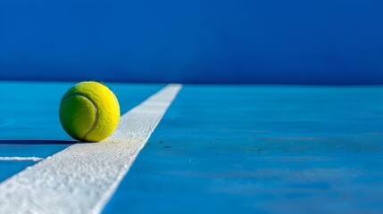 Tennis ball on blue court with white line. Sport stock photo, perfect for websites and blogs. Bright colors and minimalist style. AI