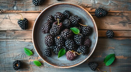 Plate of fresh blackberries on a wooden table, top view.