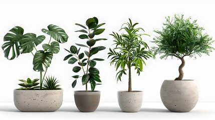 Obraz premium Various potted plants on a white background. Simple and modern. Ideal for home decor or office interior design ideas. AI