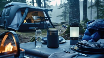 a small crystal table lamp casting a soft glow on the camping table adorned with minimalist European-style tableware.