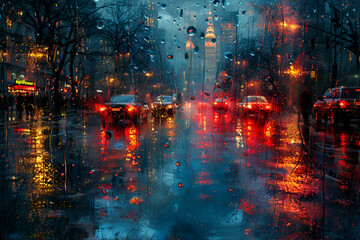 Rainy Urban Street with Reflections Atmospher,
Raindrops on window with abstract cityscape reflection the blurring effect of rain on glass merges
