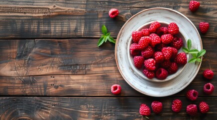 Plate of fresh raspberries on a wooden table, top view.