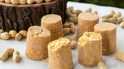 Pa&ccedil;oca or Pacoca, Close-up of traditional peanut bars with whole peanuts on a rustic wooden background, capturing a delicious and natural snack.