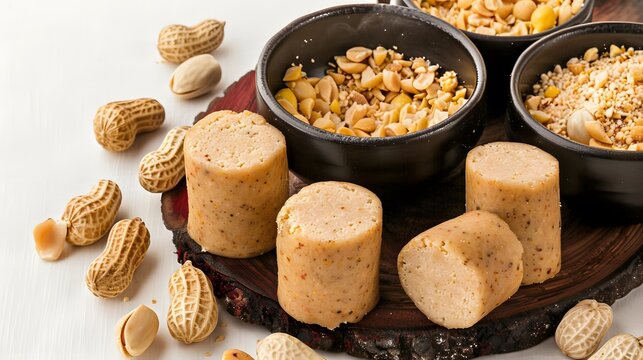 Pa&ccedil;oca or Pacoca, Close-up of traditional peanut bars with whole peanuts on a rustic wooden background, capturing a delicious and natural snack.