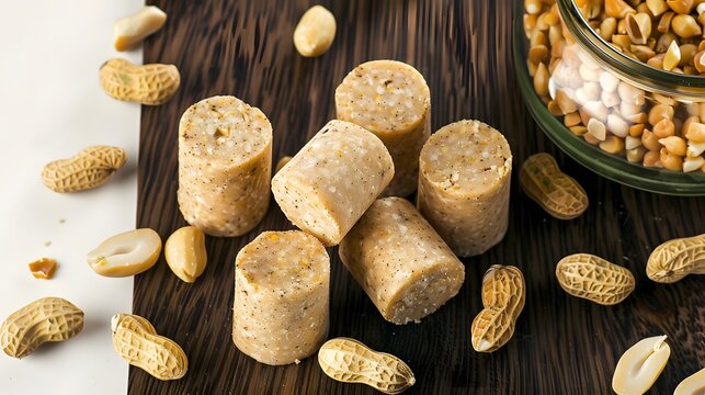 Pa&ccedil;oca or Pacoca, Close-up of traditional peanut bars with whole peanuts on a rustic wooden background, capturing a delicious and natural snack.