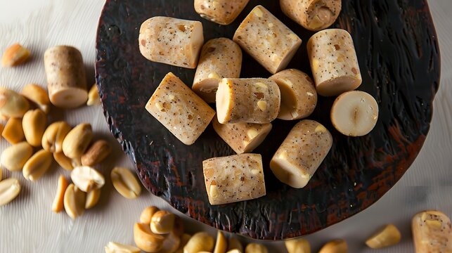 Pa&ccedil;oca or Pacoca, Close-up of traditional peanut bars with whole peanuts on a rustic wooden background, capturing a delicious and natural snack.