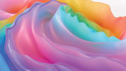 Dreamy pastel abstract fluid background with light blue, pink and yellow. Vivid rainbow colors colorful smooth waving silk textured wallpaper background banner.