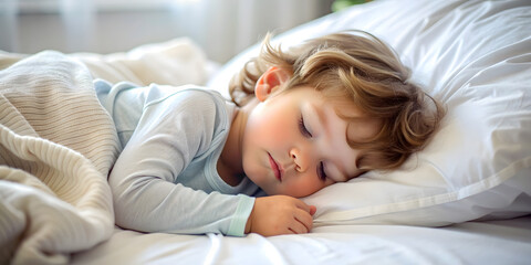 Fototapeta premium Peaceful Slumber: Child Sleeping Soundly on Bed. Perfect for: Children's Day, Family Moments, Parenting Blogs, Bedtime Stories, Relaxation Day, Home Decor, Sleep Awareness Week, Cozy Moments.