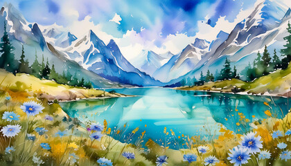Watercolor painting of mountain landscape with blooming flowers and blue lake. Natural scenery