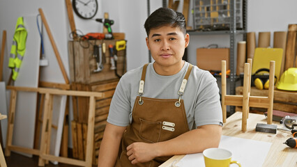 A young asian man wearing a brown apron sits confidently in a well-equipped woodworking workshop.