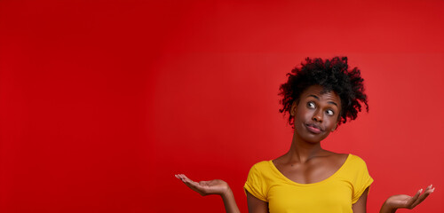 A woman with curly hair. Concept of curiosity and confusion. body language and facial gesture for risk decision, shrug and reaction, Uncertainty, unsure and frustrated model, doubt and confusion