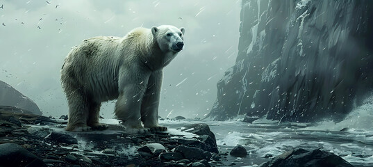 Polar bear, ice bear on an arctic shore, surrounded by melting icebergs, floes and arctic glaciers. Symbol of climate change, global warming. 